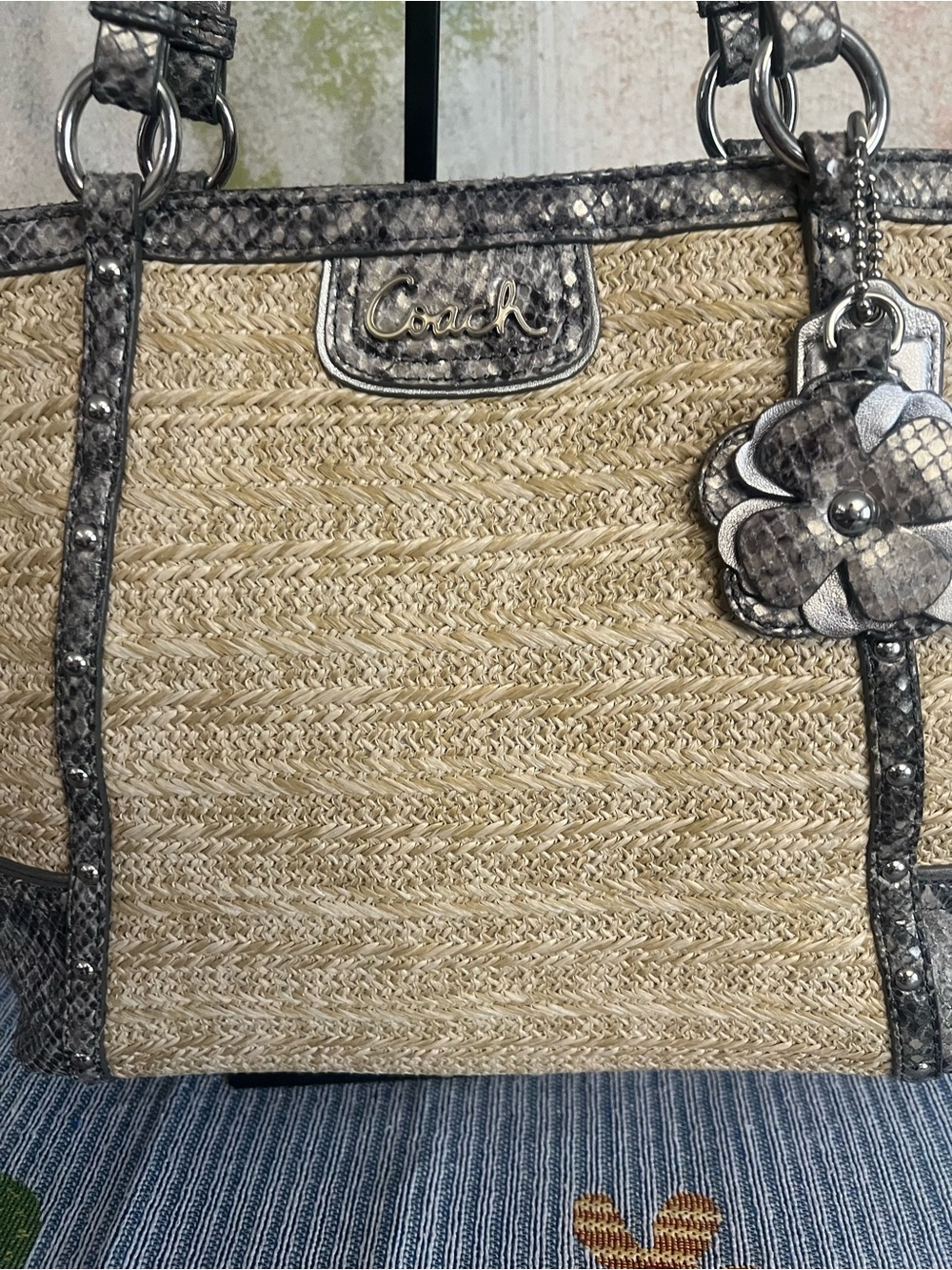 Coach 2013 Alexandra Straw Tote with Exotic Python Leather Trim - Picture 7 of 14